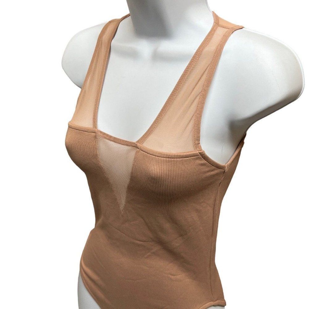 Zara Bodysuit Women’s S Tan‎ One Piece V-Neck Mesh Plunge Sexy Ribbed